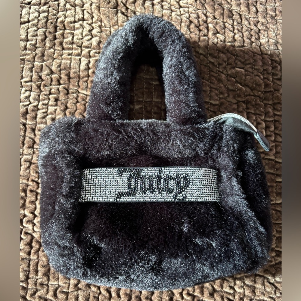 Juicy Couture Black Furry Mini Bag with Rhinestone Accents